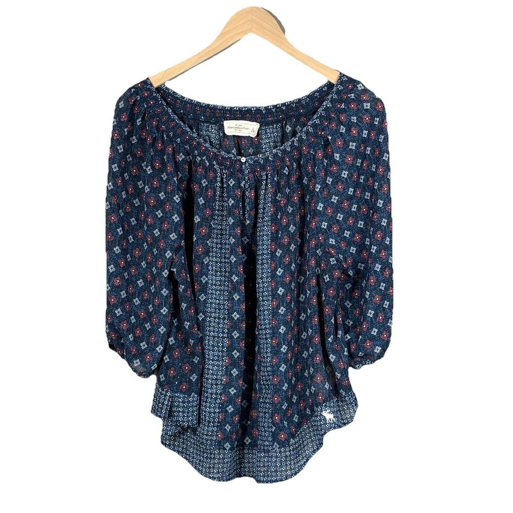 Abercrombie Fitch Top L Blue Sheer Geo Floral Y2K Boho Coastal Cottage Beachy